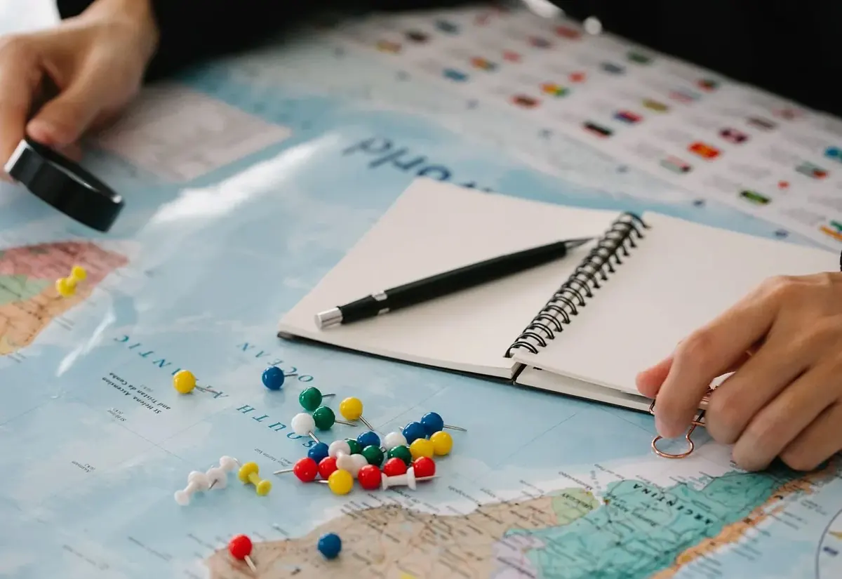 Hands over a world map with coloured pushpins and an open notebook
